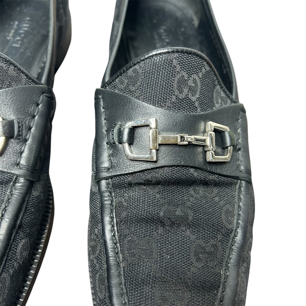 GUCCI Horsebit Loafers Black Leather GG Logo Monogram Canvas Silver Size 39 EU - Picture 3 of 8